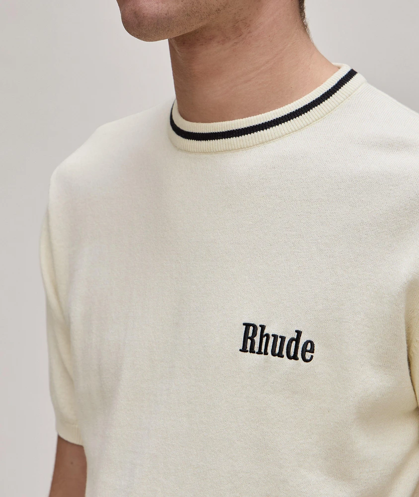 Contrast Tipped Embroidered Logo Cotton-Cashmere Knit T-Shirt