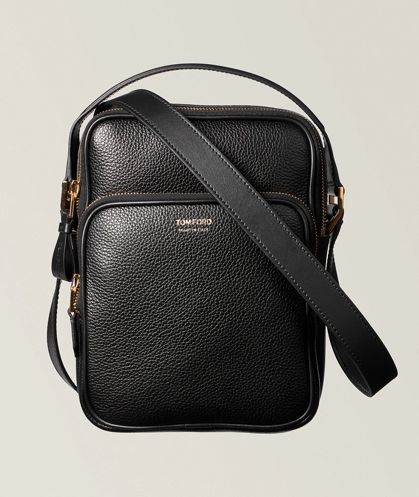 Double-Zip Grain Leather Crossbody Bag