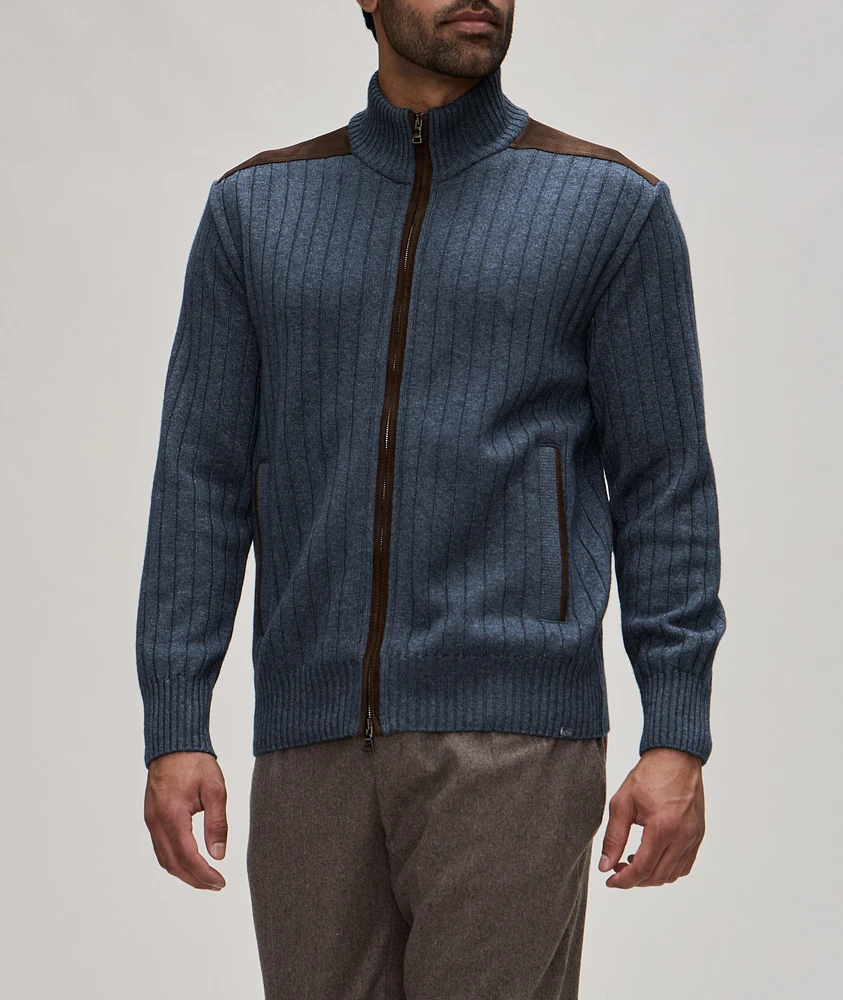 Ribbed Wool-Blend Suede-Trim Sweater