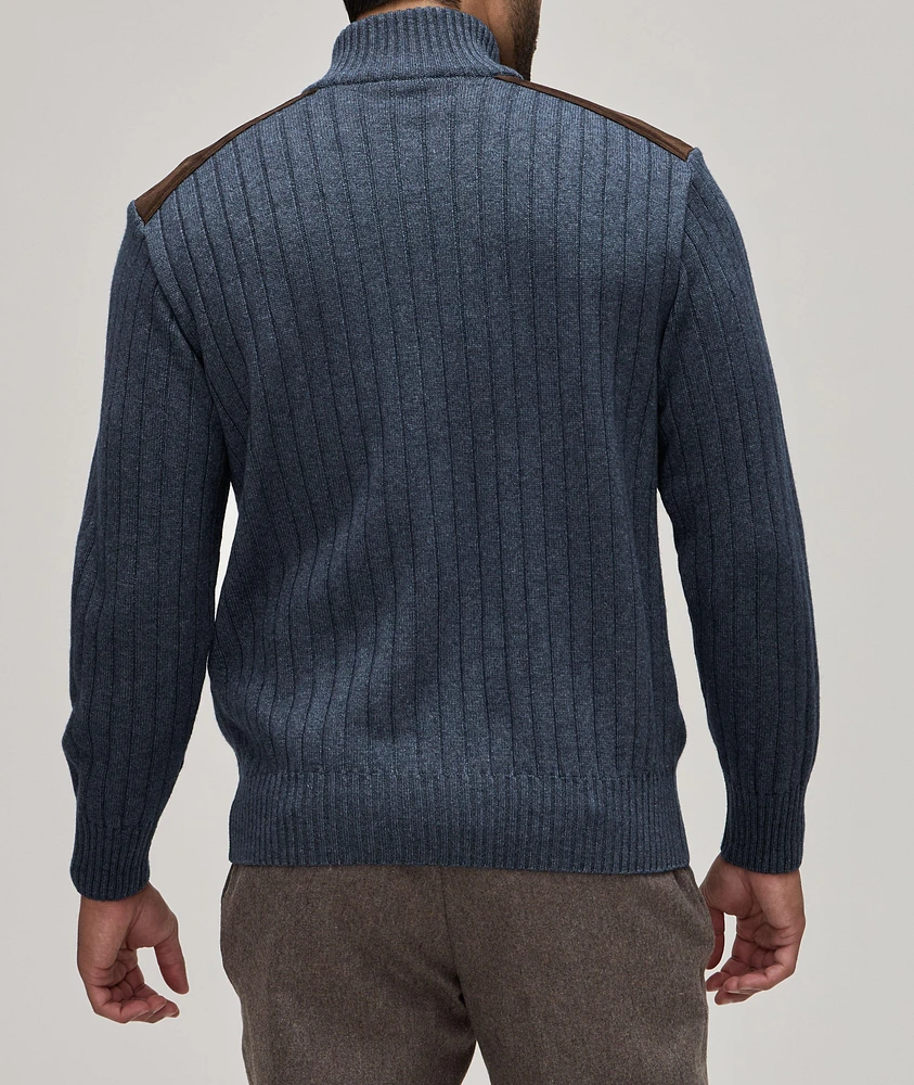 Ribbed Wool-Blend Suede-Trim Sweater