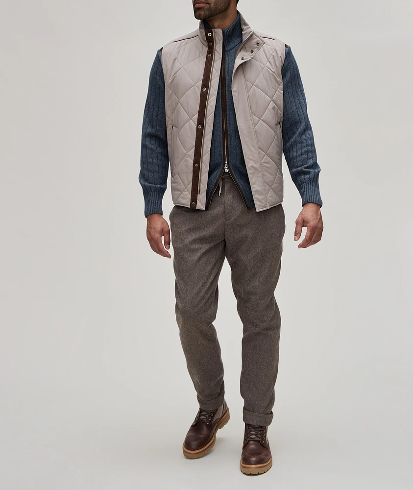 Ribbed Wool-Blend Suede-Trim Sweater