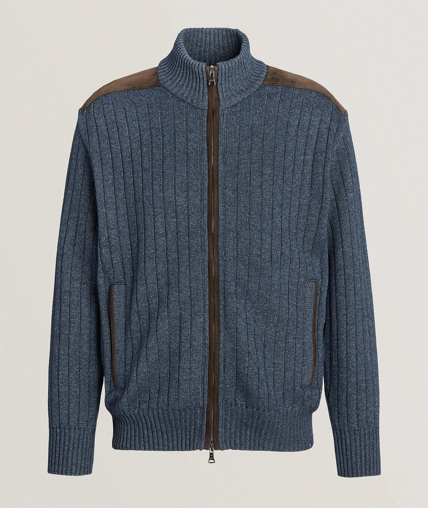 Ribbed Wool-Blend Suede-Trim Sweater