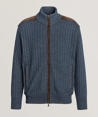 Ribbed Wool-Blend Suede-Trim Sweater