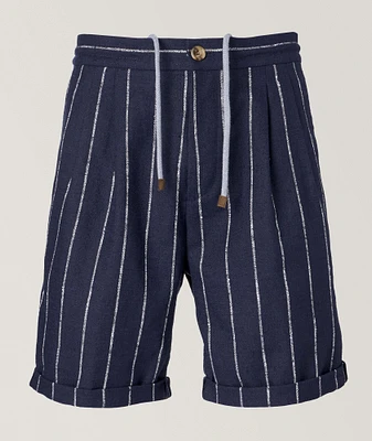 Textured Pinstripe Pleated Bermuda Shorts