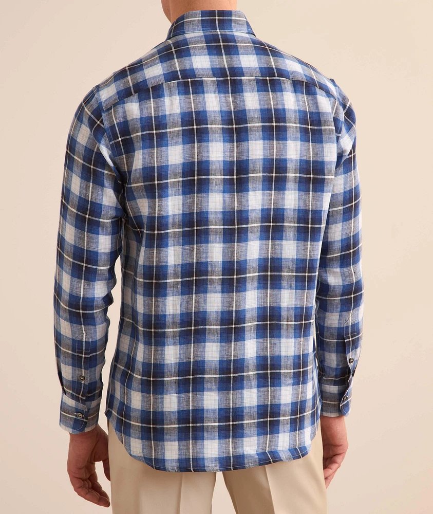 Hidden Button-Down Check Linen Shirt