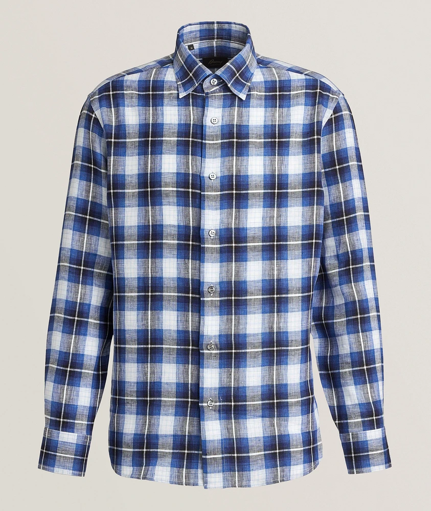 Hidden Button-Down Check Linen Shirt