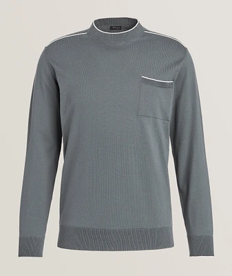 Striped Trim Cotton Crewneck Sweater