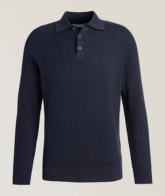Ribbed Raglan Cotton Polo Sweater