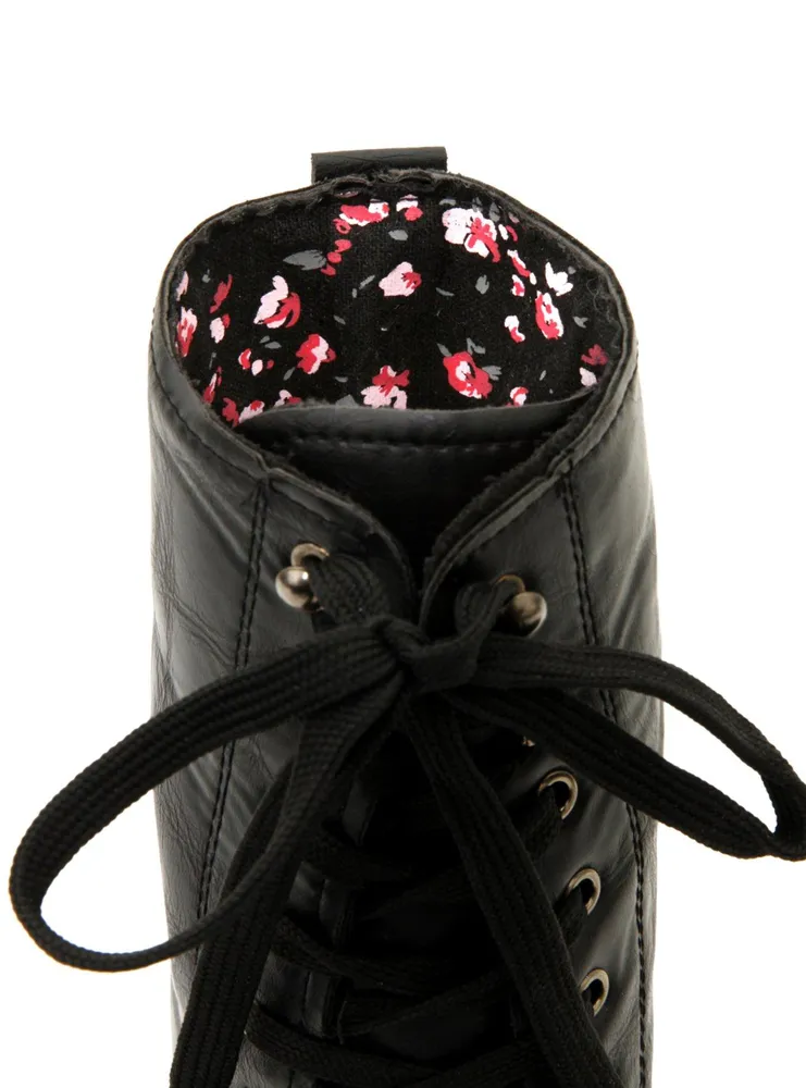 Black Floral Lined Combat Boots