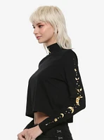 Black & Gold Moon Mock Neck Girls Long-Sleeve T-Shirt