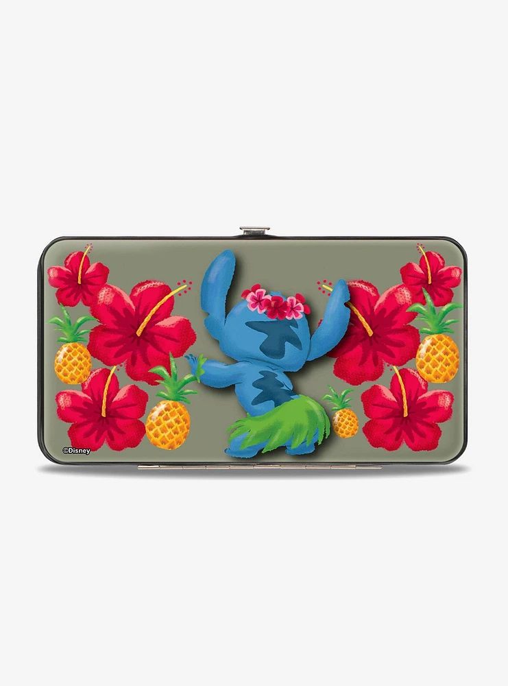 Disney Lilo & Stitch Hula Pose Front Back Hibiscus Flowers Pineapples Hinged Wallet