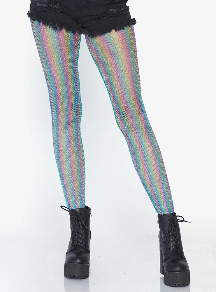 Lurex Shimmer Rainbow Striped Fishnet Tights Blue