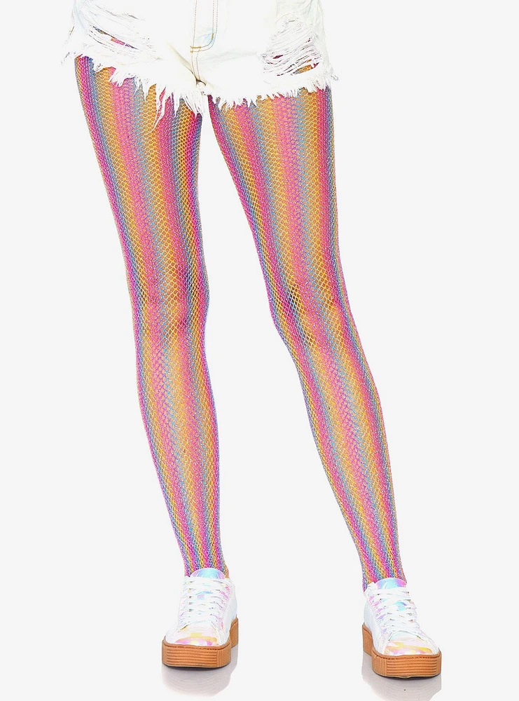 Glitter Rainbow Stripe Fishnet Tights