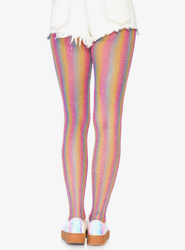 Glitter Rainbow Stripe Fishnet Tights