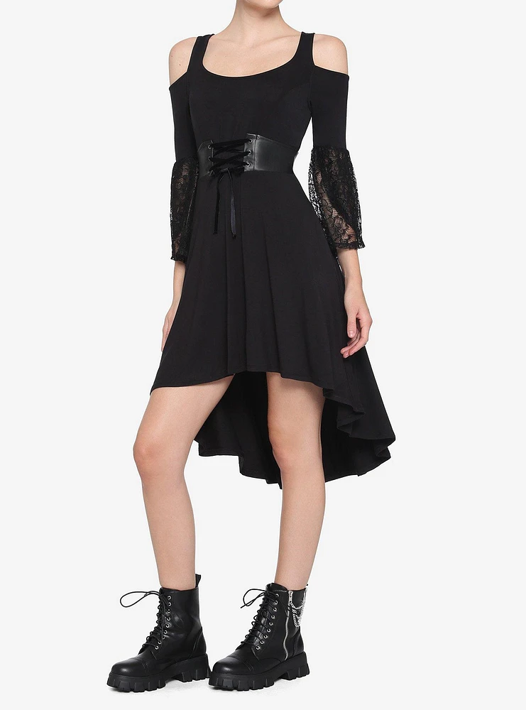 Black Lace Cold Shoulder Hi-Low Dress