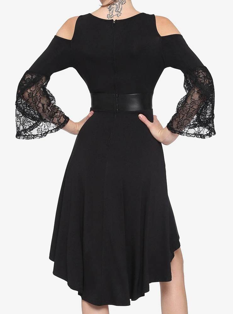 Black Lace Cold Shoulder Hi-Low Dress