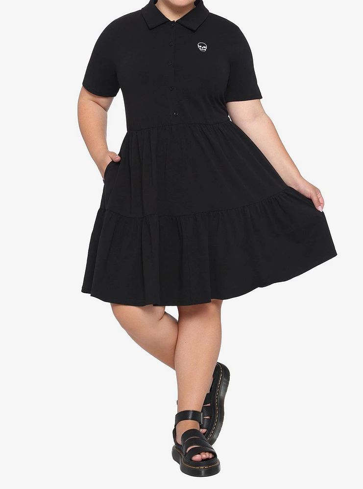 Black Embroidered Skull Polo Tiered Dress Plus