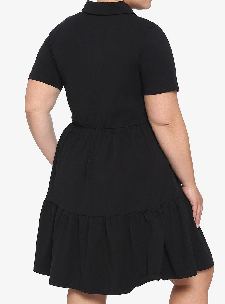 Black Embroidered Skull Polo Tiered Dress Plus