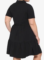 Black Embroidered Skull Polo Tiered Dress Plus