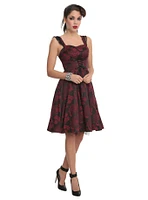 Red and Black Brocade Lace Up Dress