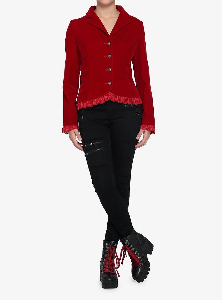 Red Velvet Laced Button-Up Jacket