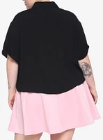Black Boxy Heart Buttons Girls Crop Woven Button-Up Plus Size