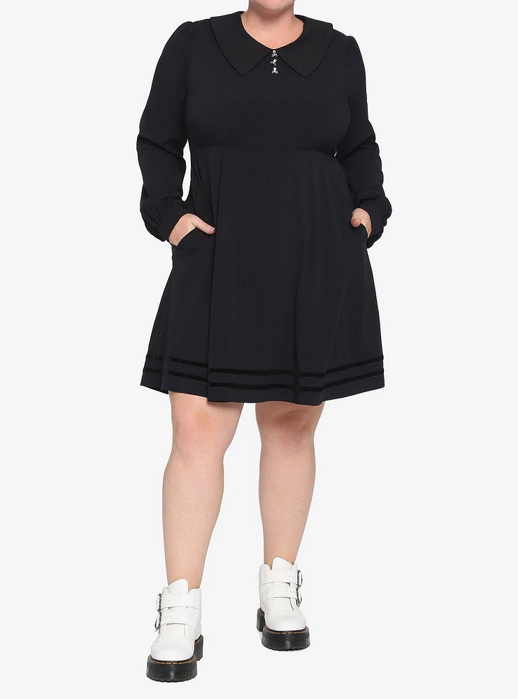 Black Statement Collar Skull Button Dress Plus