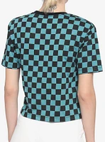 Teal & Black Checkered Boxy Girls Crop T-Shirt