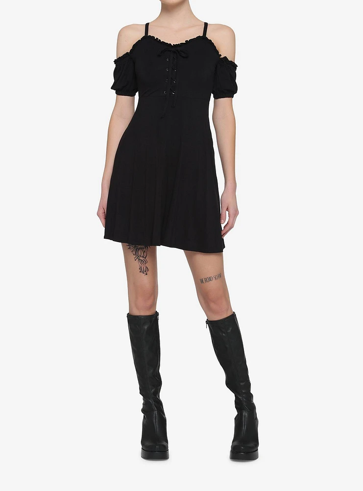 Black Lace-Up Cold Shoulder Puff Sleeve Dress