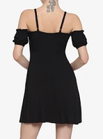 Black Lace-Up Cold Shoulder Puff Sleeve Dress