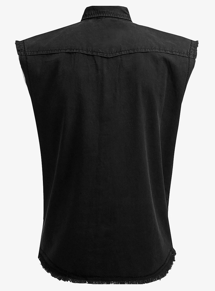 Black Sleeveless Woven Button-Up