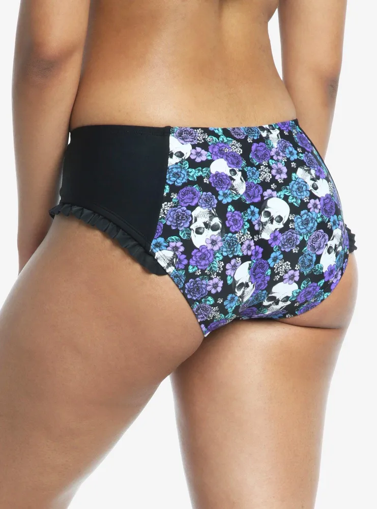 Skull Purple Floral Ruffle Swim Bottoms