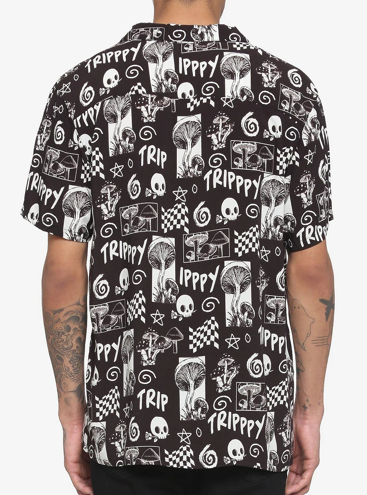 Trippy Mushroom Skull Woven Button-Up