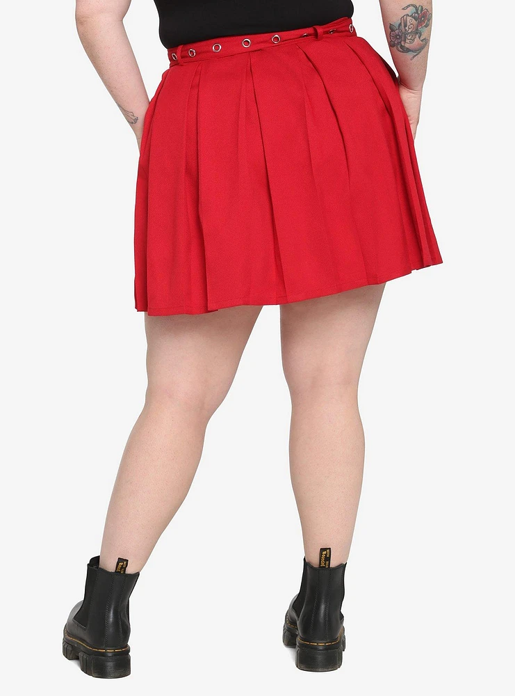 Red Heart Grommet Belt Pleated Skirt Plus