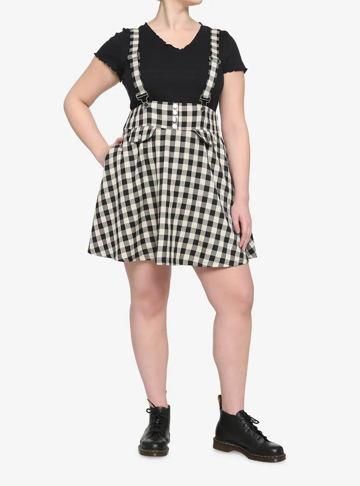 Ivory & Black Plaid Bow Suspender Skirt Plus