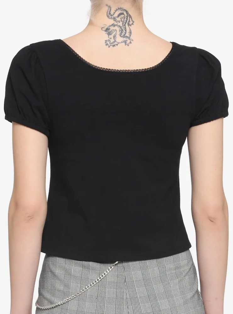 Black Square Neck Puff Sleeve Girls Top