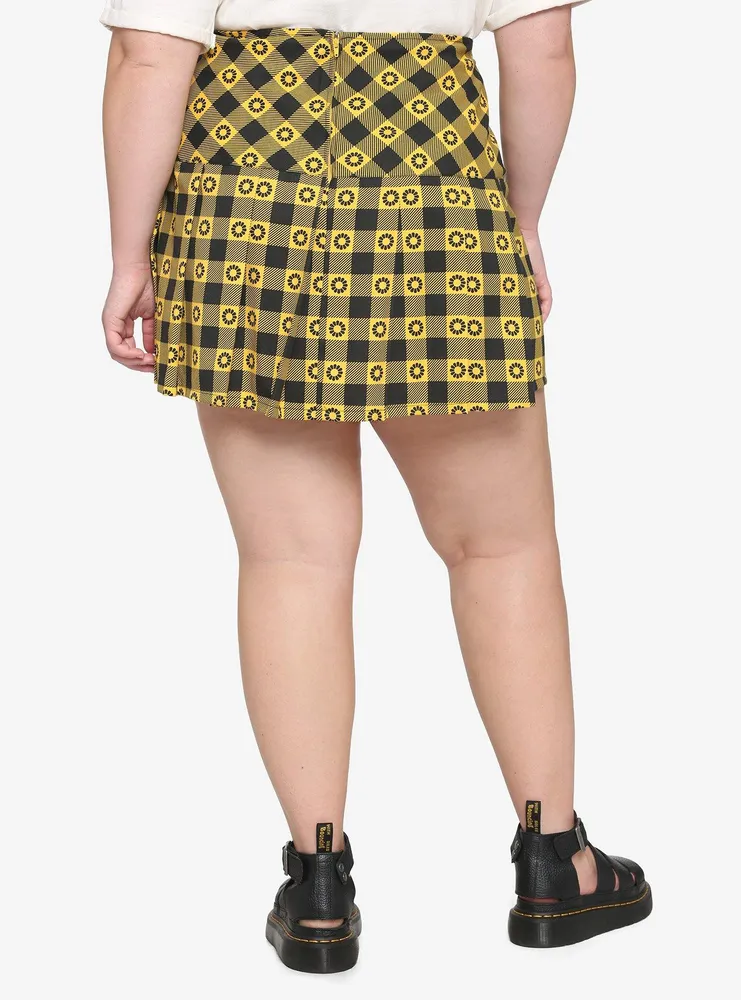 Yellow & Black Flower Plaid Skirt Plus
