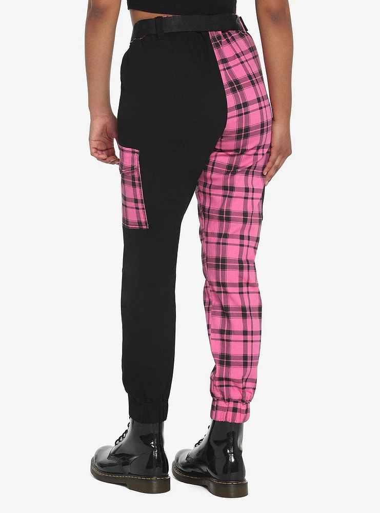 Pink Plaid Split Jogger Pants