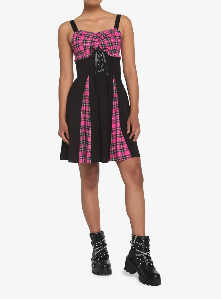 Pink Plaid & Black Lace-Up Dress