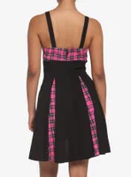 Pink Plaid & Black Lace-Up Dress