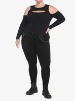 Black Cutout Cold Shoulder Girls Long-Sleeve Top Plus Size