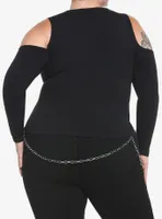 Black Cutout Cold Shoulder Girls Long-Sleeve Top Plus Size