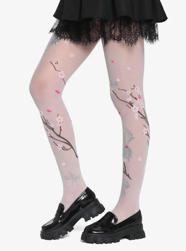 Hot Topic White & Pink Floral Sheer Tights