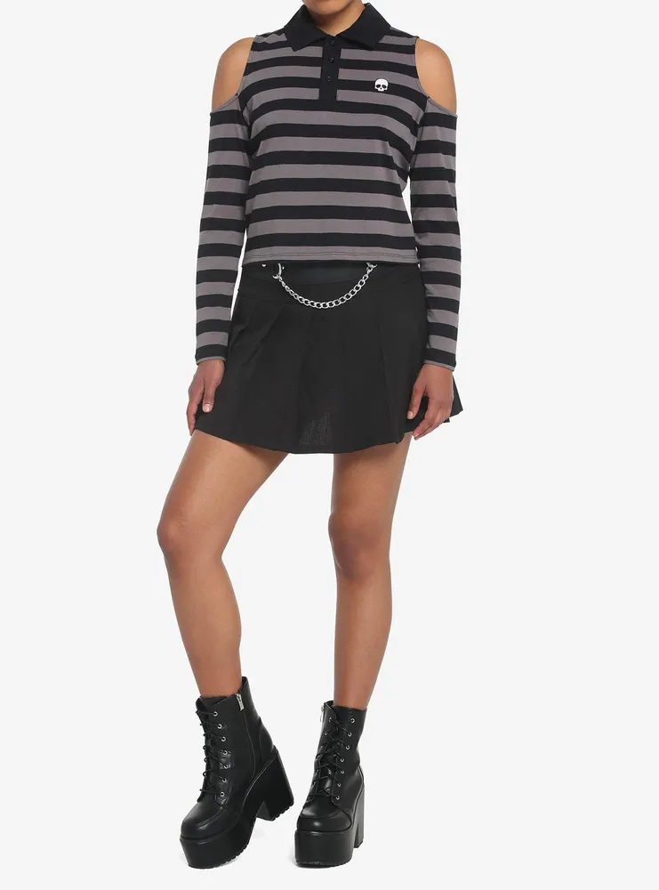 Black & Grey Stripe Cold Shoulder Girls Long-Sleeve Polo Shirt