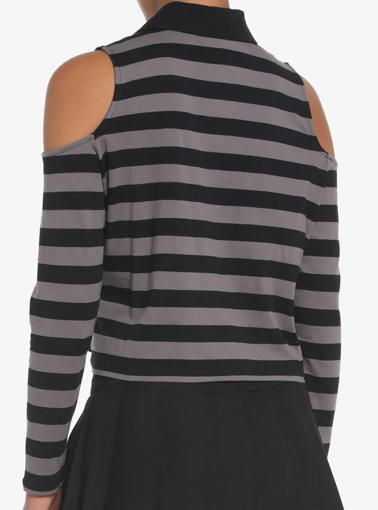 Black & Grey Stripe Cold Shoulder Girls Long-Sleeve Polo Shirt