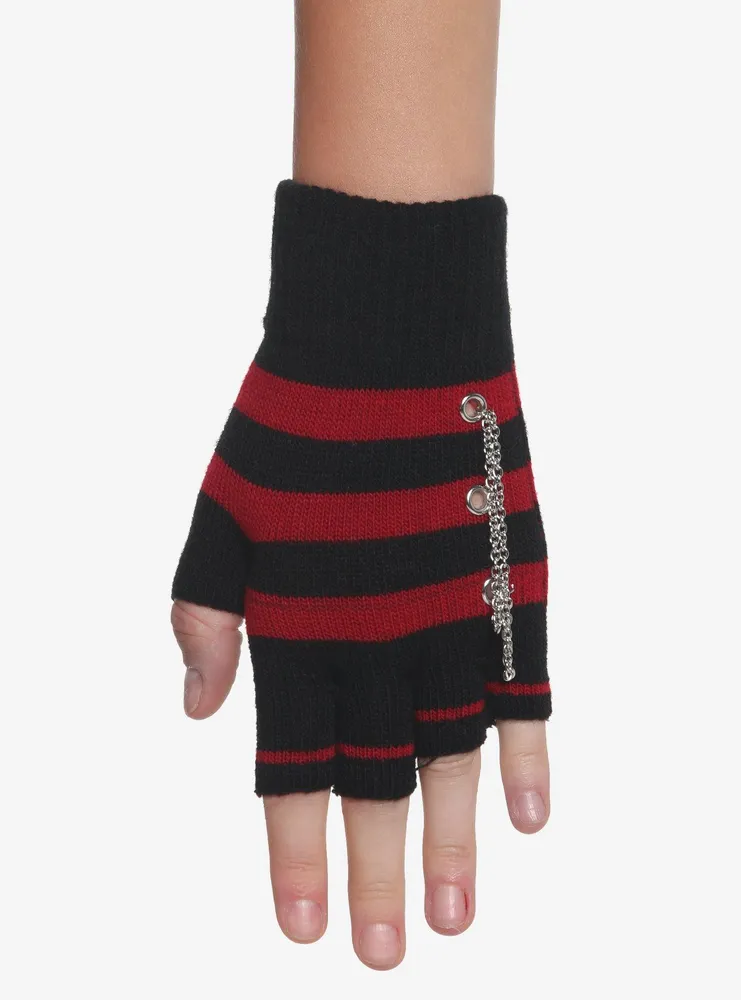 Red & Black Stripe Grommet Fingerless Gloves