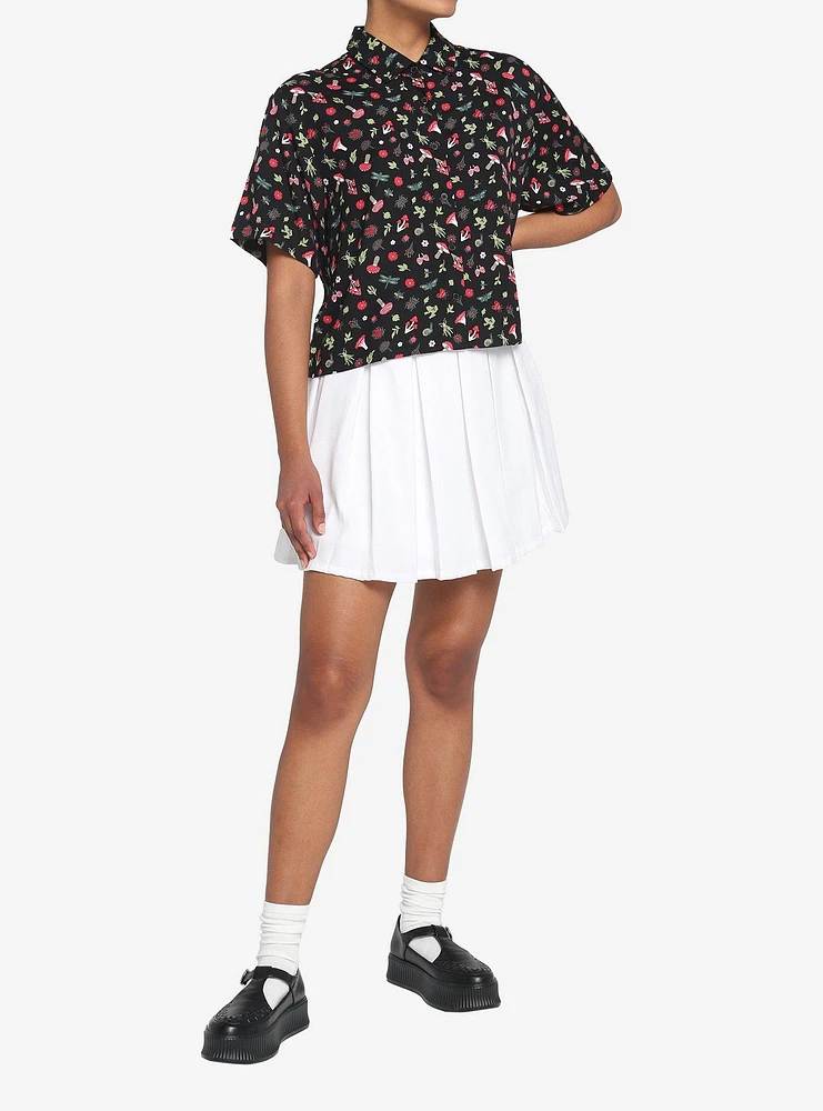 Black Mushroom Frog Boxy Girls Woven Button-Up