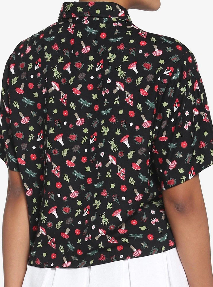 Black Mushroom Frog Boxy Girls Woven Button-Up