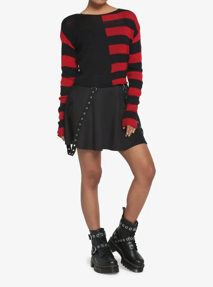 Hot Topic Black & Red Stripe Split Girls Crop Sweater