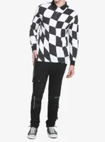Black & White Checkered Long-Sleeve Polo Shirt